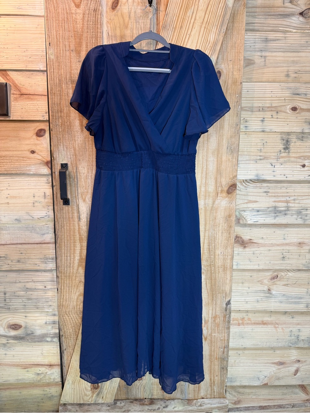SHEIN Navy Blue V-Neck Smocked Waist Midi Dress